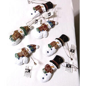 Set 6 Vintage Hand Painted Clay Snowman Christmas Ornaments Creative Co Op INC